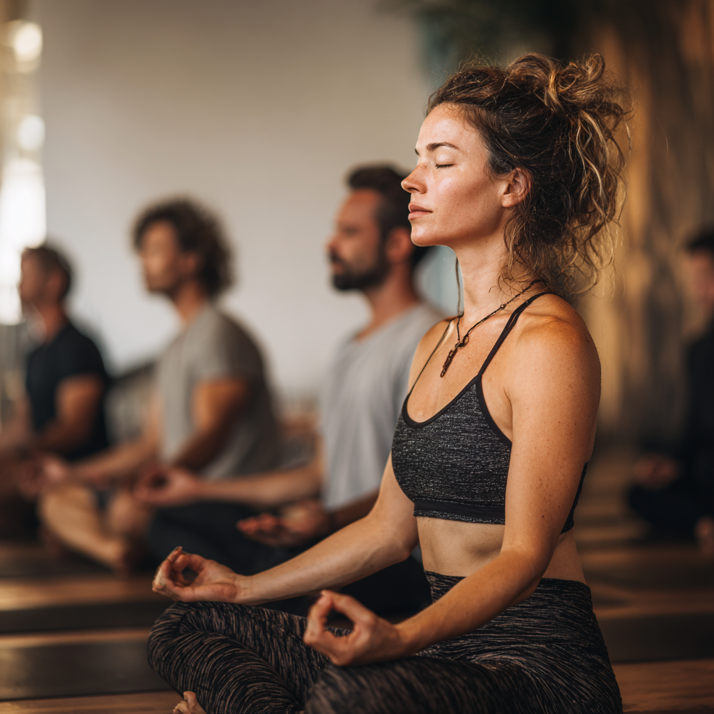 Diverse group of Romanian adults of different ages enjoying a peaceful yoga session in a bright studio, all with genuine smiles showing the accessibility of the practice